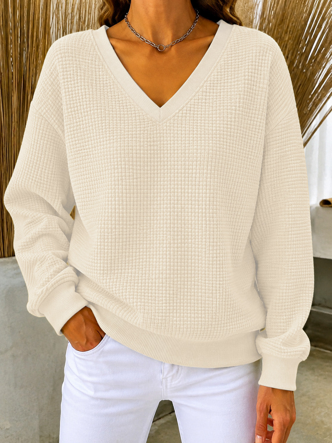 CLEARANCE SALE🔥Women's V‑Neck Waffle Knit Sweatshirt, Loose Long Sleeve Casual Blouse