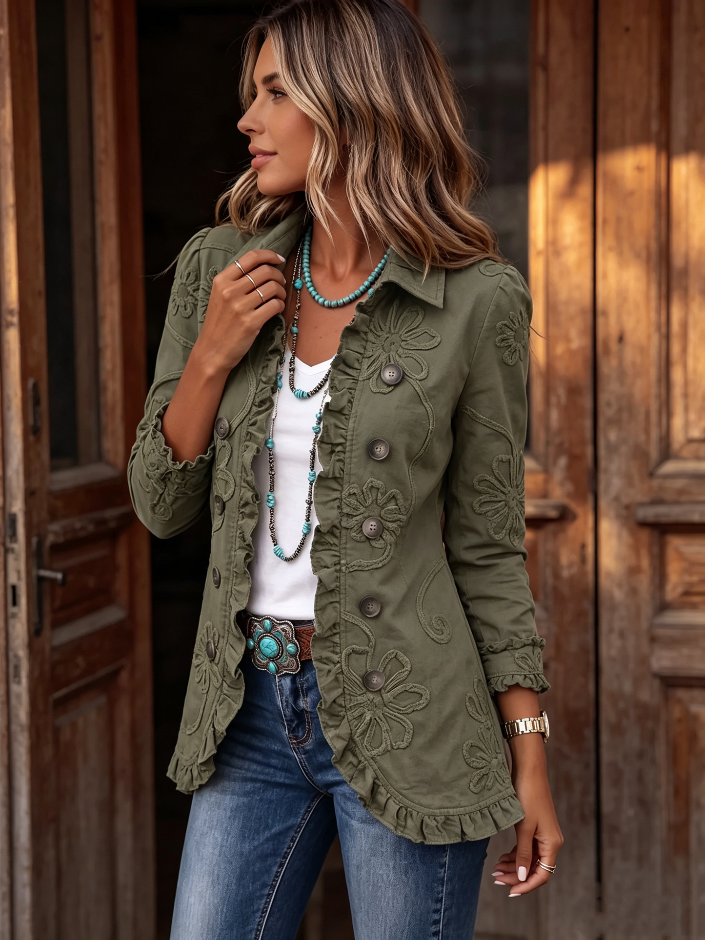 💝💝Boho-Chic Floral Embroidered Utility Ruffled Trim Jacket