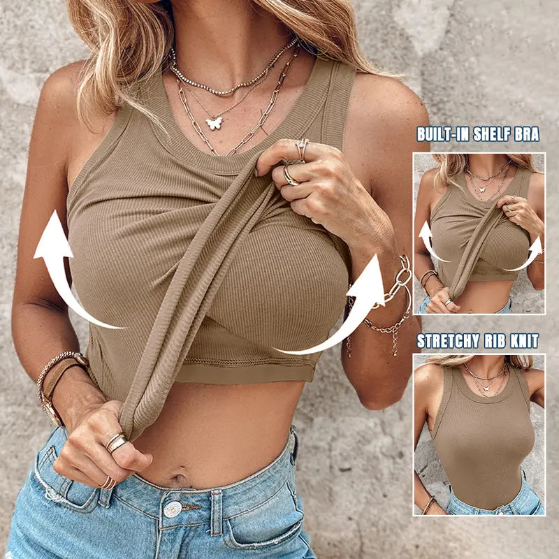 🔥 LAST DAY PROMOTION🍃Women’s Ribbed Tank Top with Built-In Bra – Soft, Stretchy & Supportive