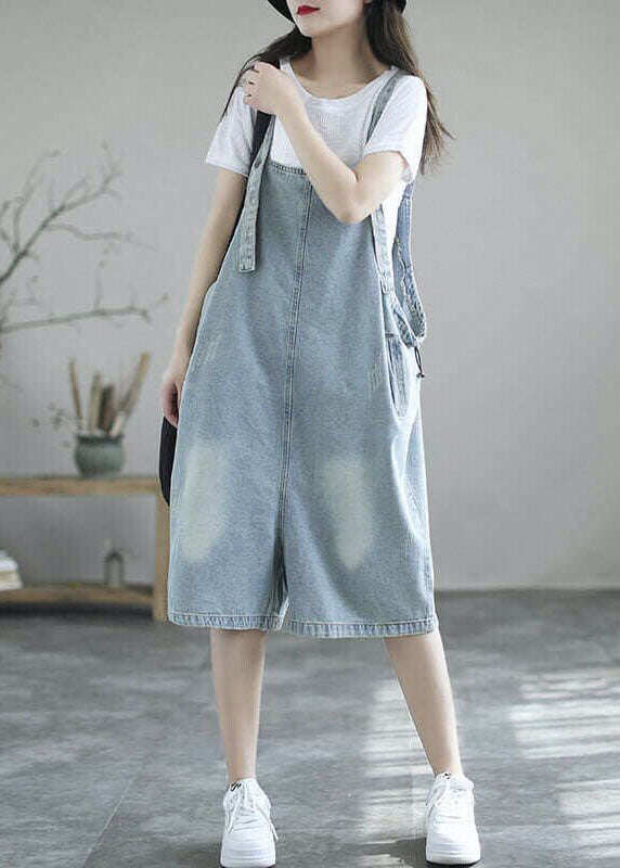 Boutique Light Blue Pockets Denim Half Jumpsuits Summer