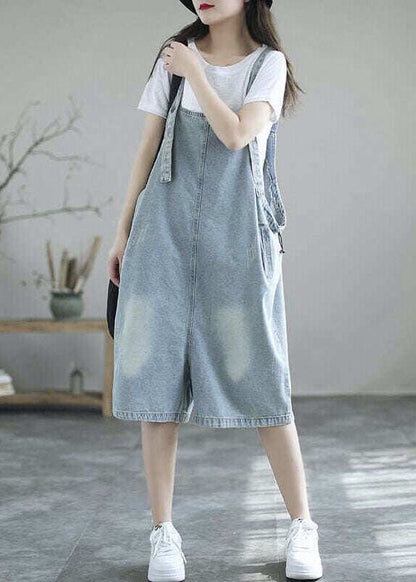 Boutique Light Blue Pockets Denim Half Jumpsuits Summer