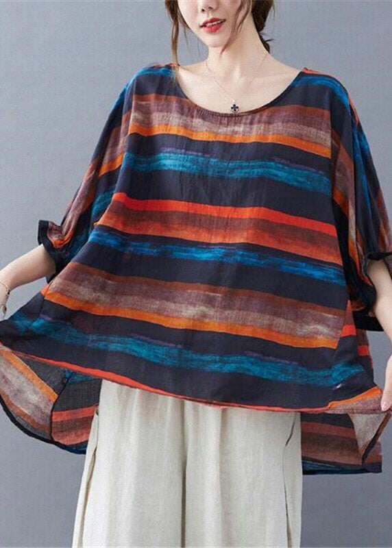 Orange Striped O-Neck T Shirt Batwing Sleeve
