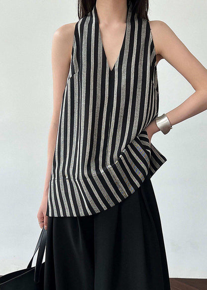 Women Black V Neck Striped Cotton Top Sleeveless