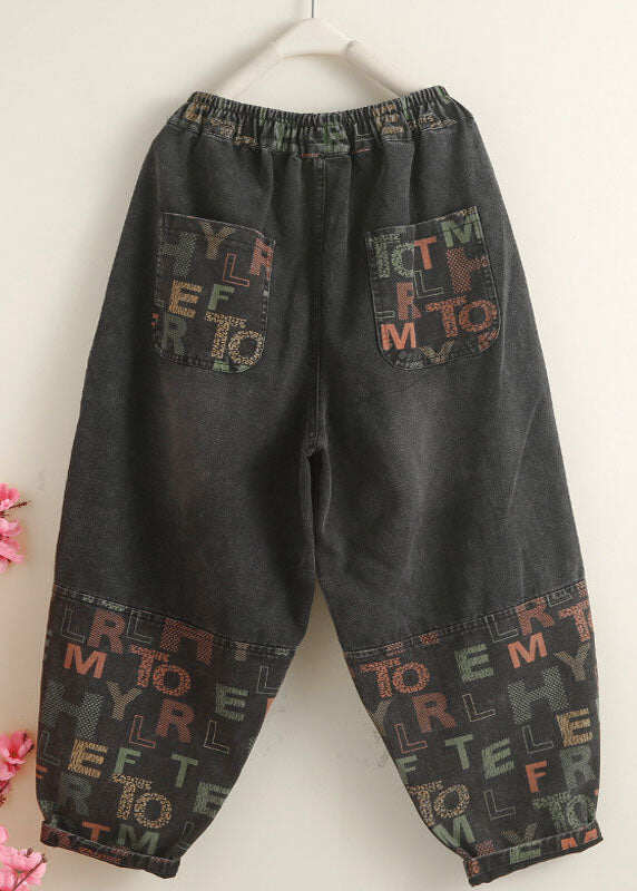 Vintage Black Pockets Graphic Print Denim Harem Pants Spring