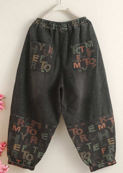 Vintage Black Pockets Graphic Print Denim Harem Pants Spring