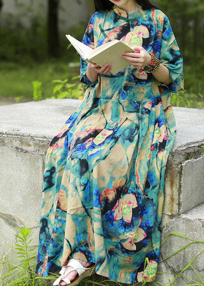 Vintage Blue Stand Collar Print Long Dress Short Sleeve
