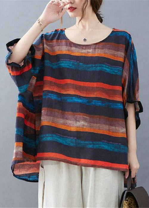 Orange Striped O-Neck T Shirt Batwing Sleeve