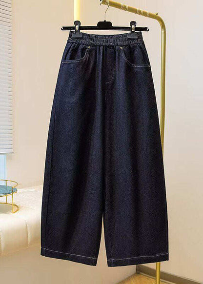 Simple Blue Pockets Elastic Waist Denim Crop Pants Spring