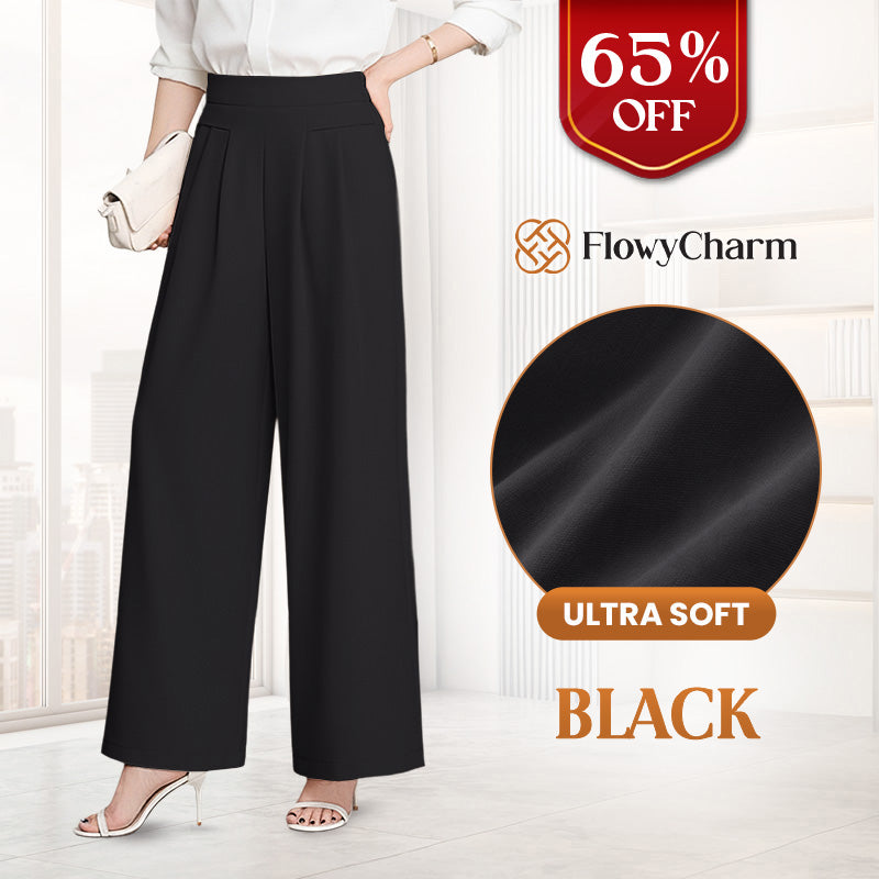 FlowyCharm - Drapey Soft Elegant High-Waisted Wide-Leg Pants
