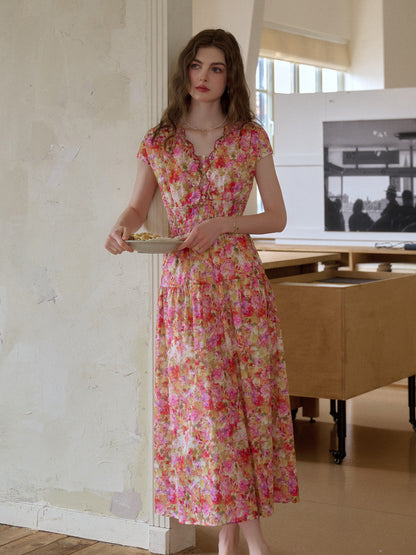 Wavy Neck Floral 100% Cotton Dress