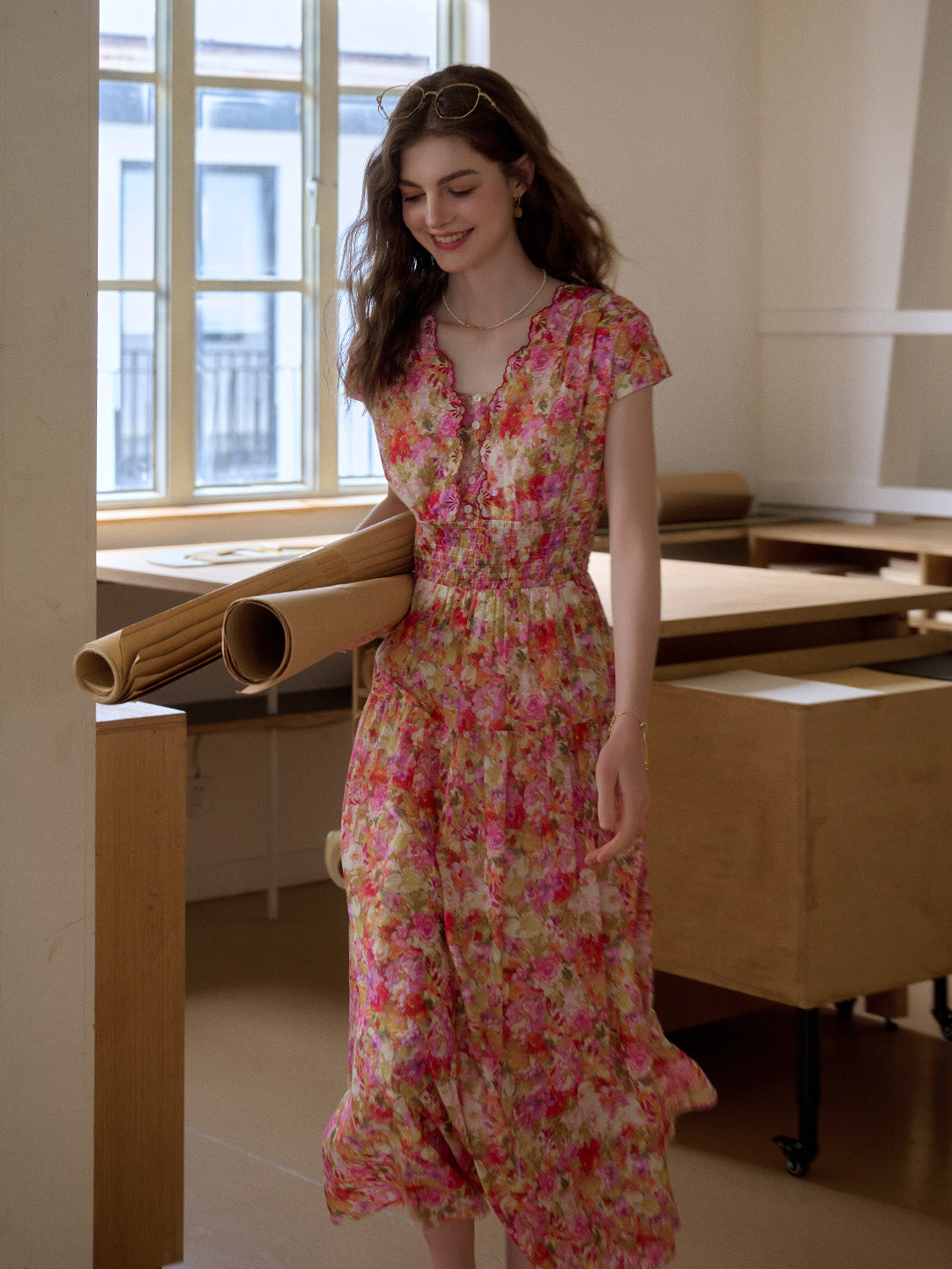 Wavy Neck Floral 100% Cotton Dress