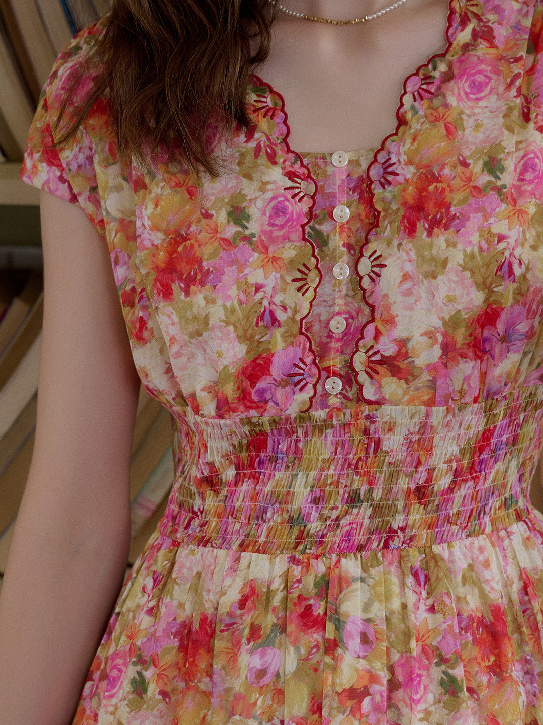 Wavy Neck Floral 100% Cotton Dress