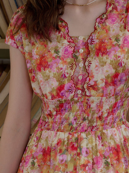 Wavy Neck Floral 100% Cotton Dress