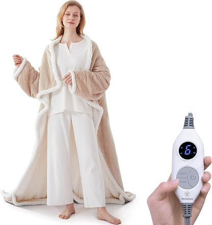 🔥 Wearable Heated Sherpa Blanket with Foot Pocket – Cozy Warmth & Auto Shut-Off