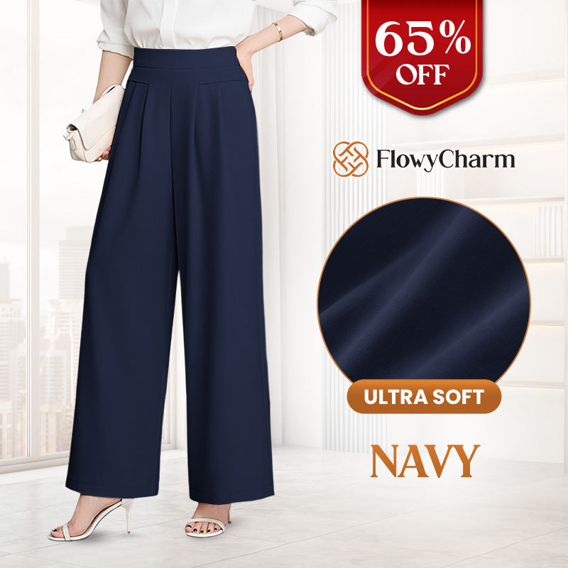 FlowyCharm - Drapey Soft Elegant High-Waisted Wide-Leg Pants