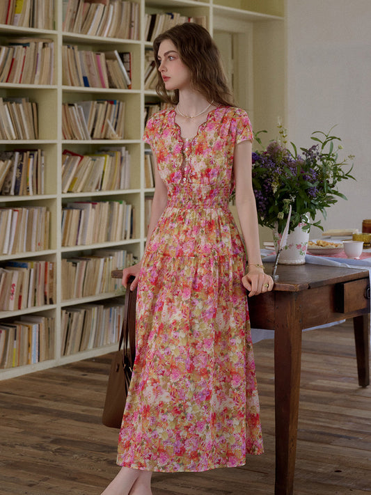 Wavy Neck Floral 100% Cotton Dress