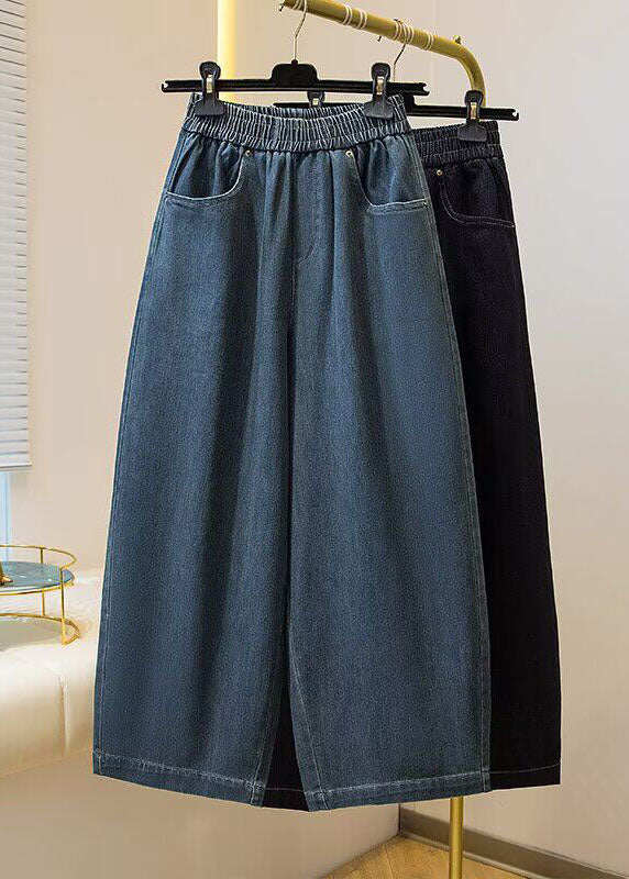 Simple Blue Pockets Elastic Waist Denim Crop Pants Spring