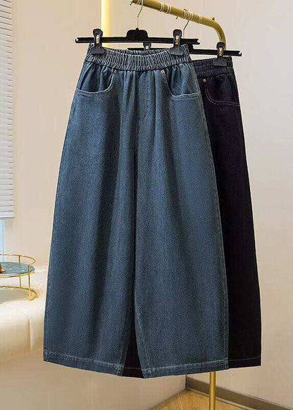 Simple Blue Pockets Elastic Waist Denim Crop Pants Spring