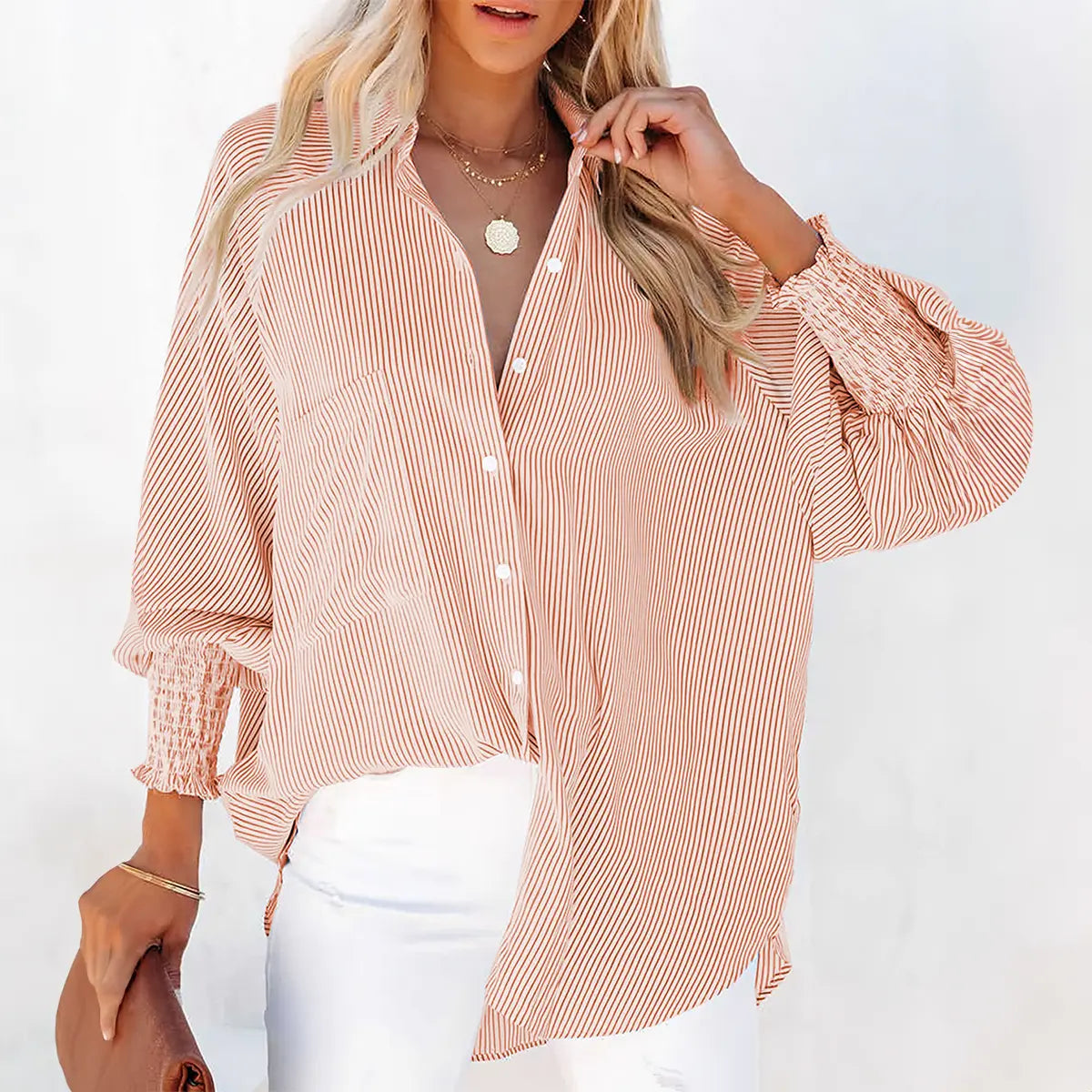 Women's Striped Print Button Front Frill Trim Raglan Sleeve Pocket Design Shirt Blouse