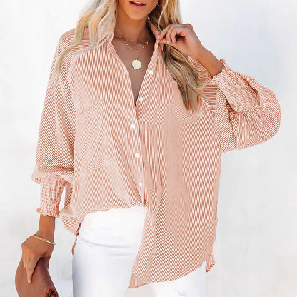 Women's Striped Print Button Front Frill Trim Raglan Sleeve Pocket Design Shirt Blouse