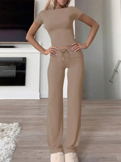 Women's Solid Modal Loungewear Two-Piece Pajama Set, Casual Comfy Soft Round Neck Short Sleeve Tee & Drawstring Pants Set, Ladies Sleepwear for Spring & Fall