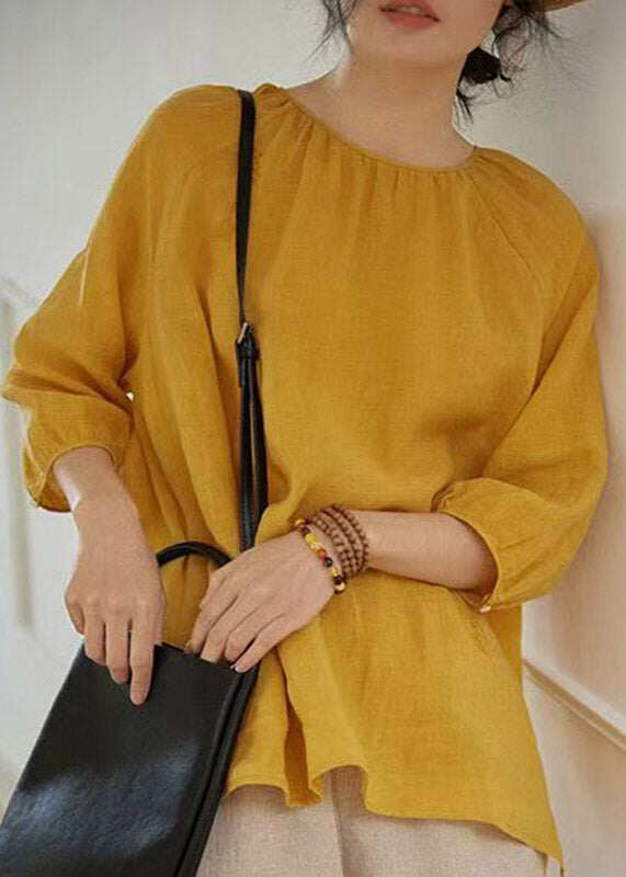 Elegant Yellow O-Neck Embroidered Patchwork Solid Linen Shirt Spring