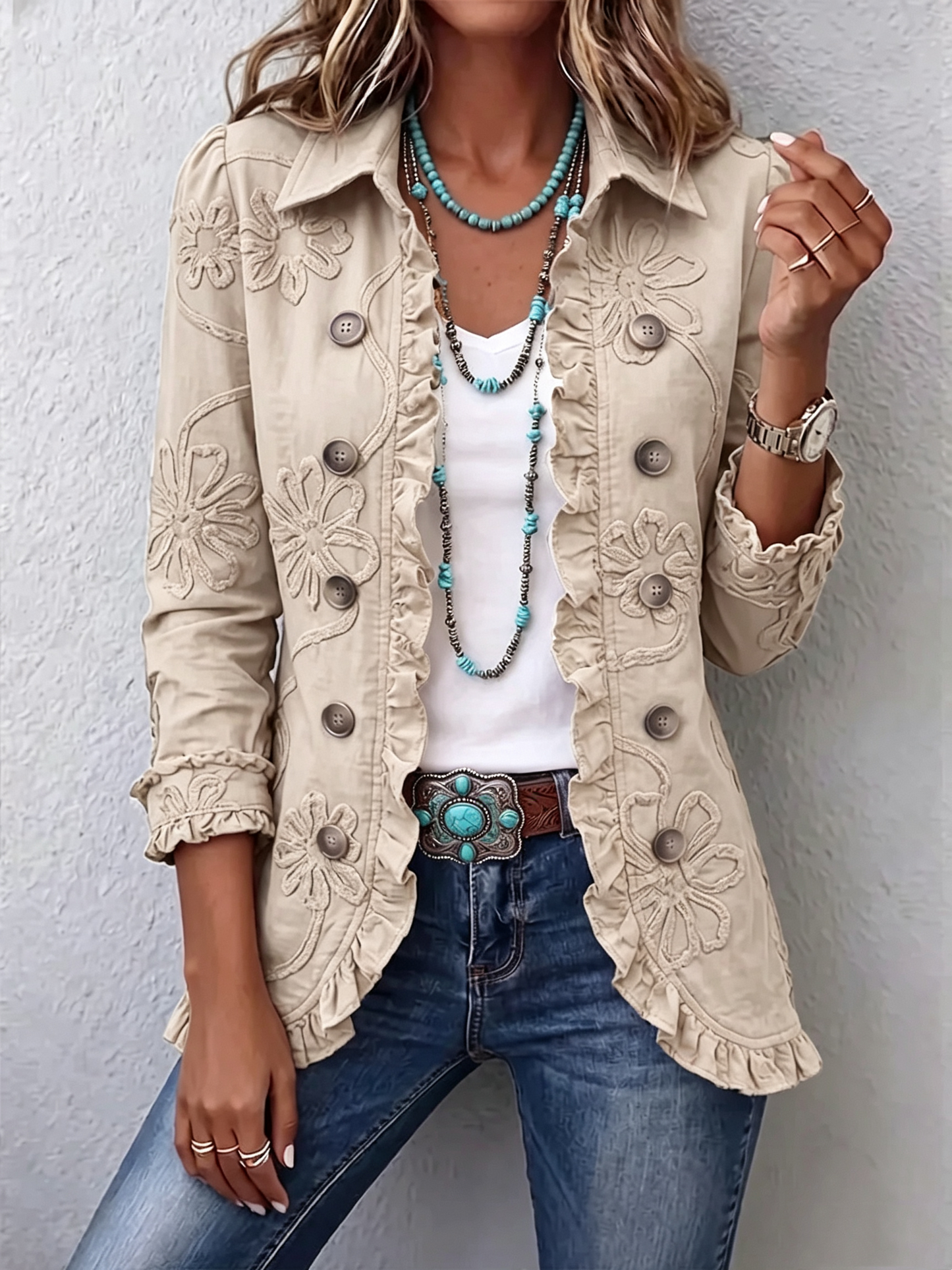 💝💝Boho-Chic Floral Embroidered Utility Ruffled Trim Jacket