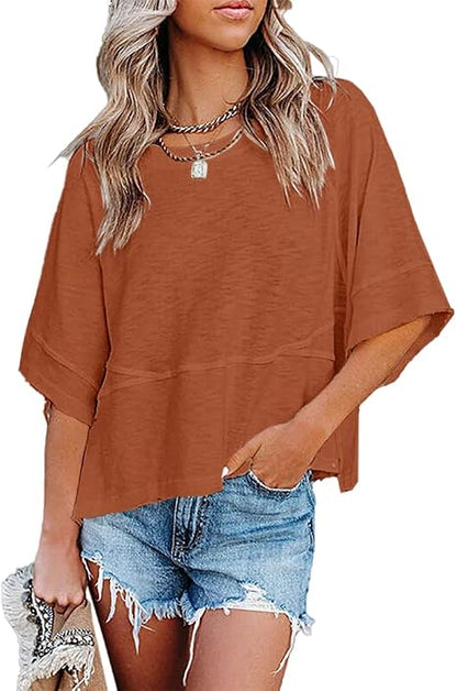 CLEARANCE SALE🔥Women's Summer Casual T-Shirts Loose Fit Crewneck 3/4 Sleeve Tops