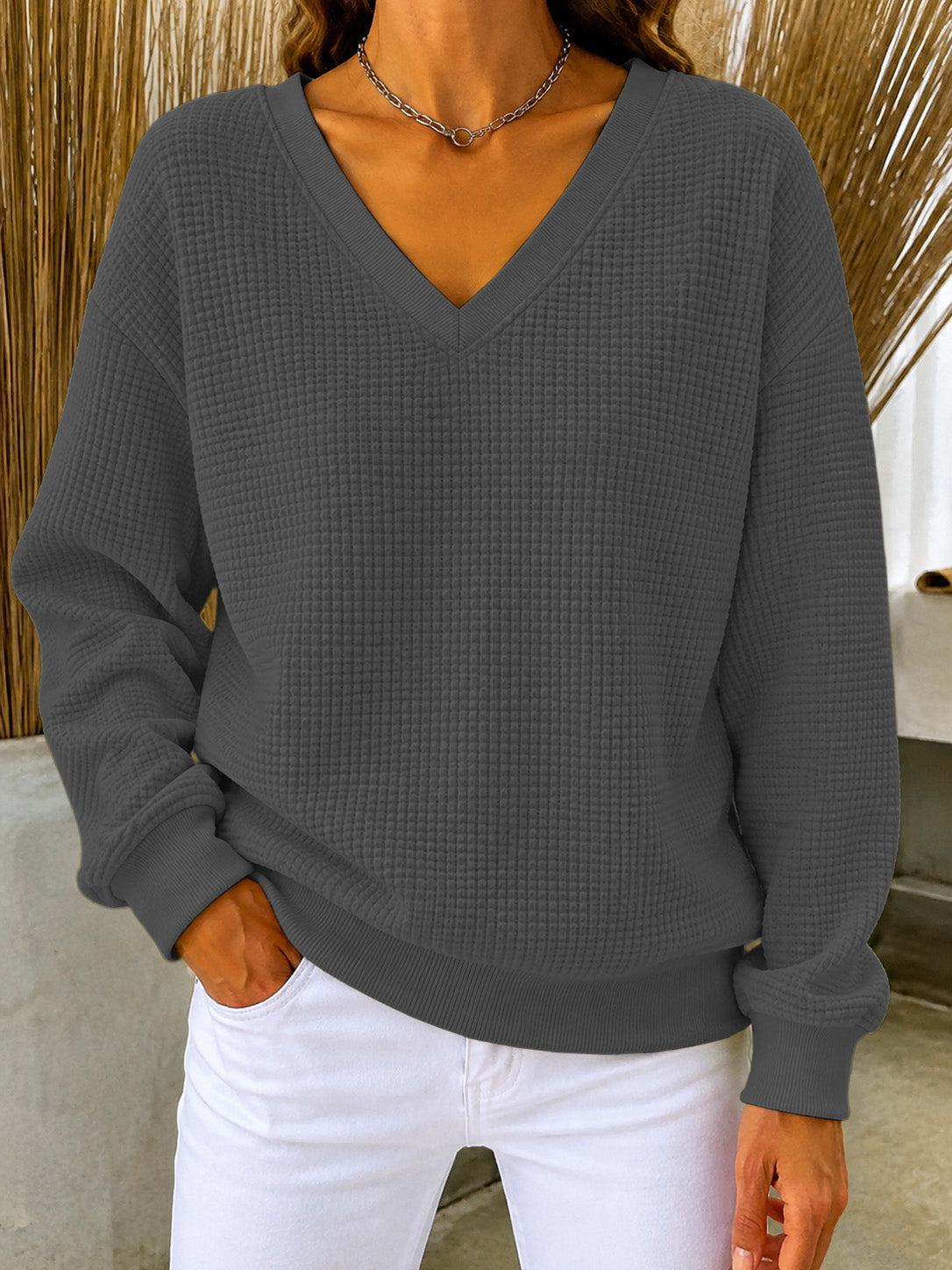 CLEARANCE SALE🔥Women's V‑Neck Waffle Knit Sweatshirt, Loose Long Sleeve Casual Blouse