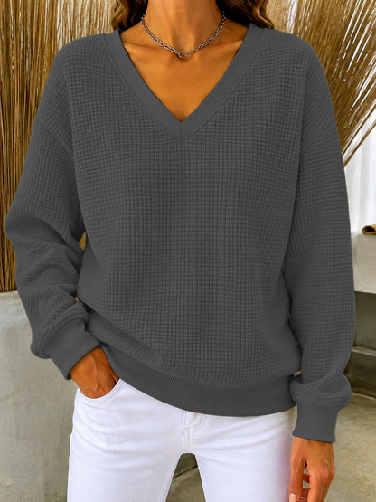 CLEARANCE SALE🔥Women's V‑Neck Waffle Knit Sweatshirt, Loose Long Sleeve Casual Blouse