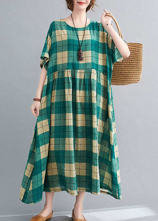 Loose Green Plaid Wrinkled Patchwork Long Dresses Summer