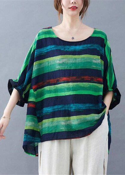 Women Green Striped Low High Design Top Summer