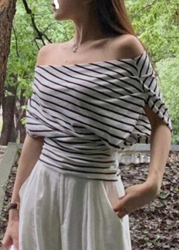 Slim Fit Black White Striped Slash Neck T Shirt Short Sleeve