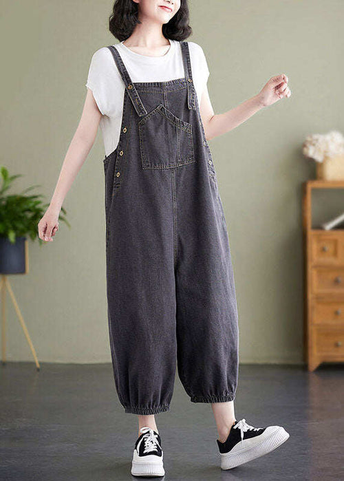 Black Pockets Patchwork Denim Overalls Jumpsuit Summer