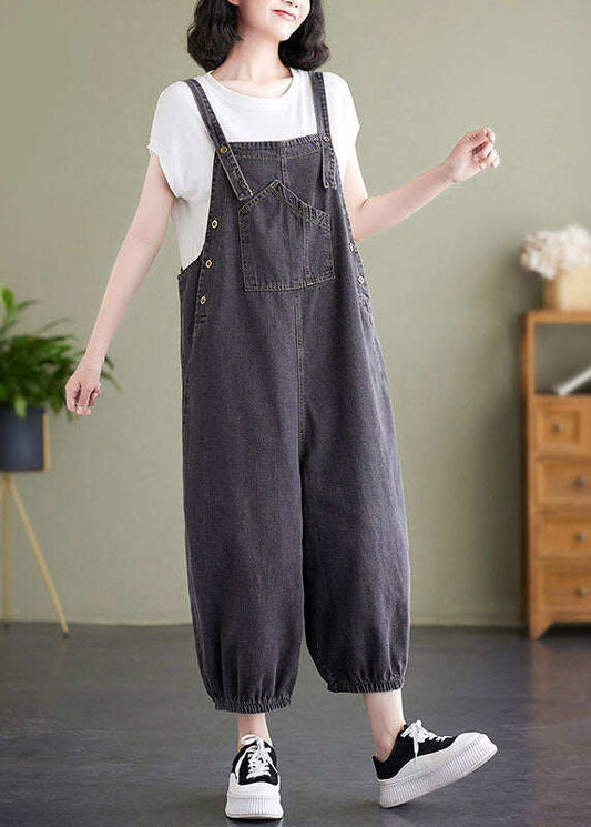 Black Pockets Patchwork Denim Overalls Jumpsuit Summer