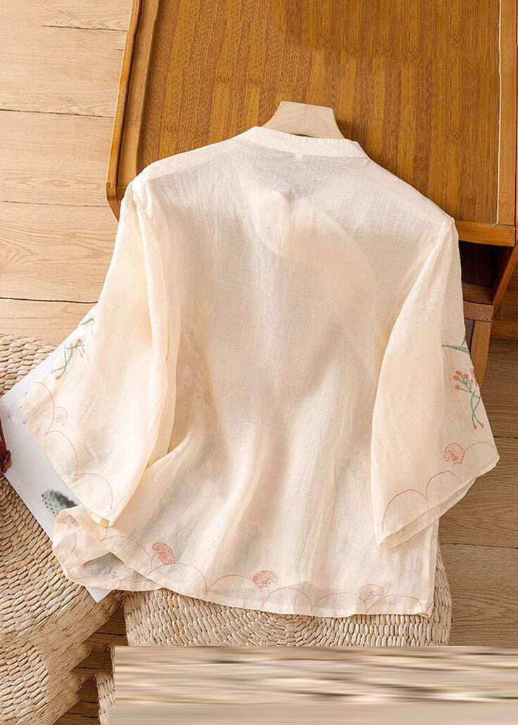 Chinese Style Apricot Embroidered Floral Button Shirt Spring
