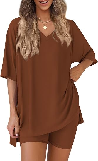 V Neck Oversized Shirt&Biker Shorts Set