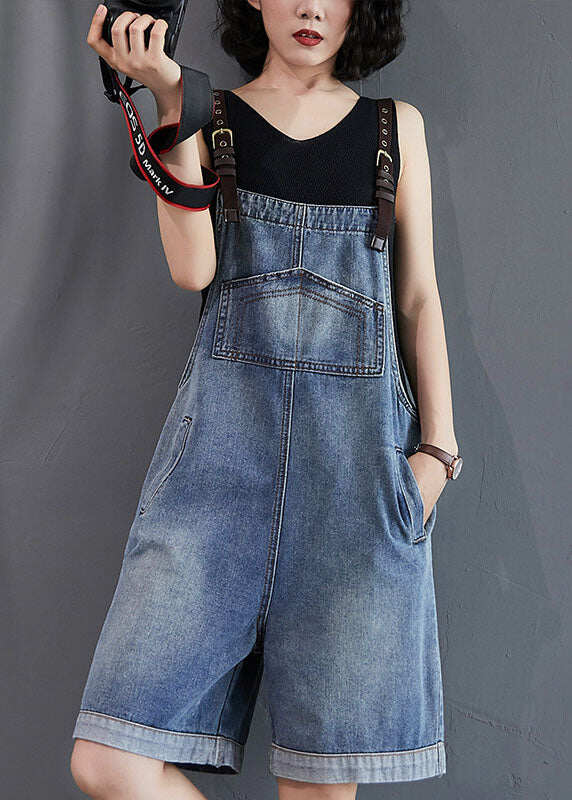 French Blue Pockets Denim Overalls Jumpsuit Summer