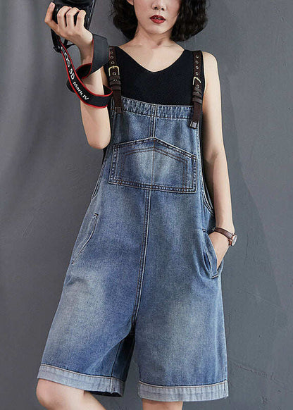 French Blue Pockets Denim Overalls Jumpsuit Summer