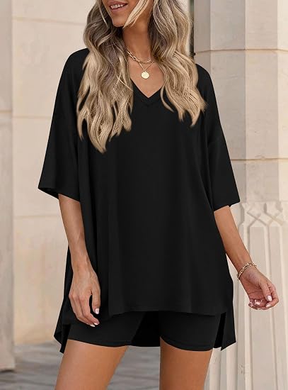 V Neck Oversized Shirt&Biker Shorts Set