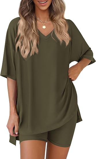 V Neck Oversized Shirt&Biker Shorts Set