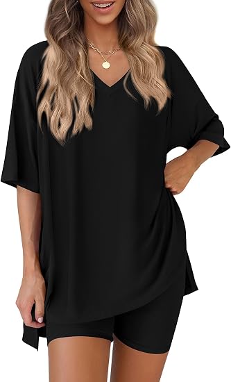 V Neck Oversized Shirt&Biker Shorts Set