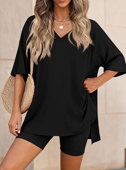 V Neck Oversized Shirt&Biker Shorts Set