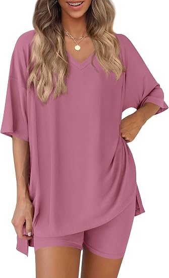 V Neck Oversized Shirt&Biker Shorts Set