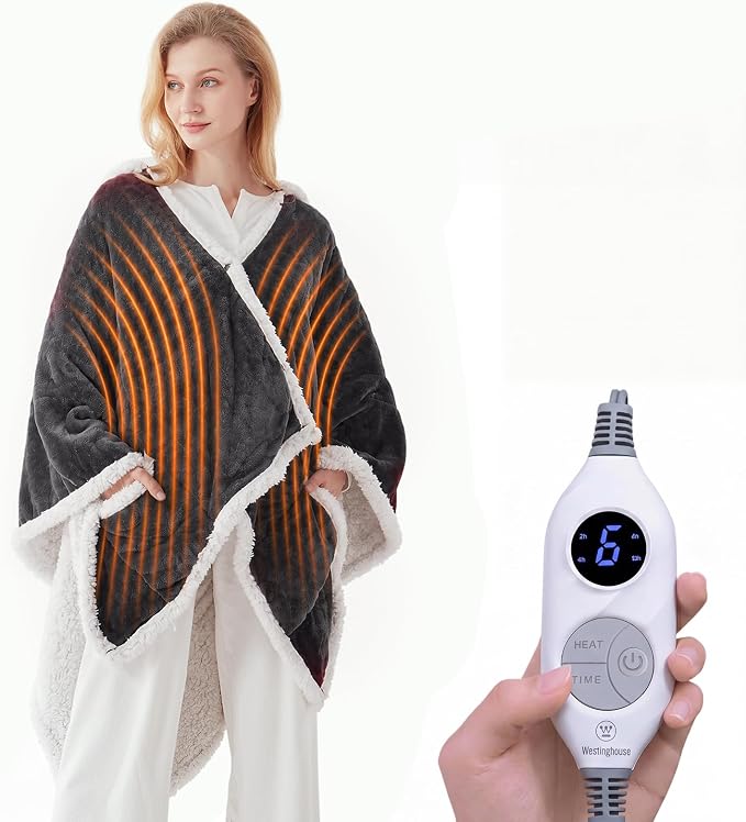 🔥 Wearable Heated Sherpa Blanket with Foot Pocket – Cozy Warmth & Auto Shut-Off