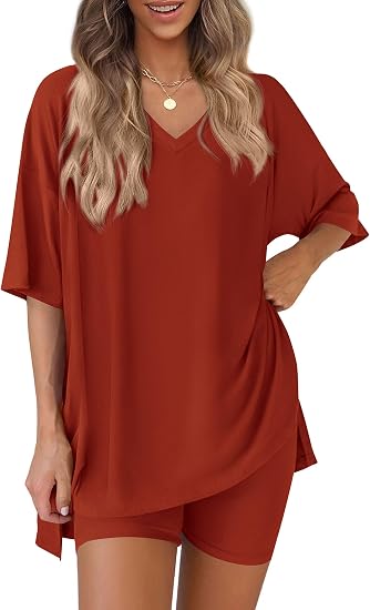 V Neck Oversized Shirt&Biker Shorts Set