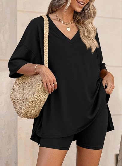 V Neck Oversized Shirt&Biker Shorts Set