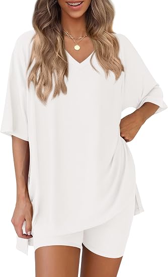 V Neck Oversized Shirt&Biker Shorts Set