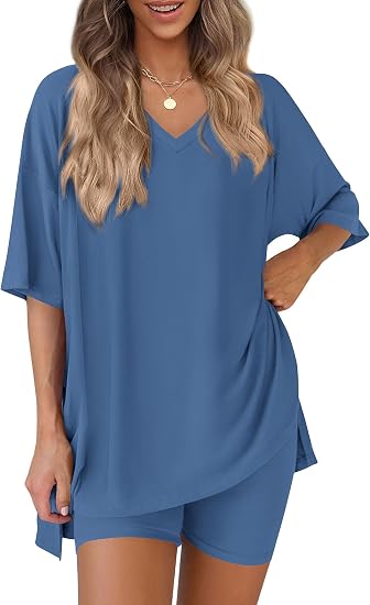 V Neck Oversized Shirt&Biker Shorts Set