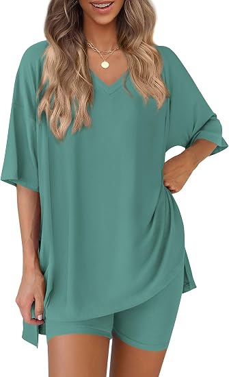 V Neck Oversized Shirt&Biker Shorts Set